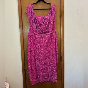NWT! Fuschia hot pink stretch sequin off the shoulder dress plus size 18